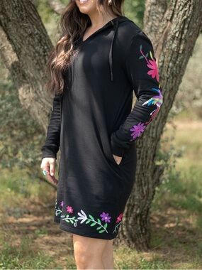 Layerz Clothing Jill Sweatshirt Dress with vibrant Mexican-inspired embroidery